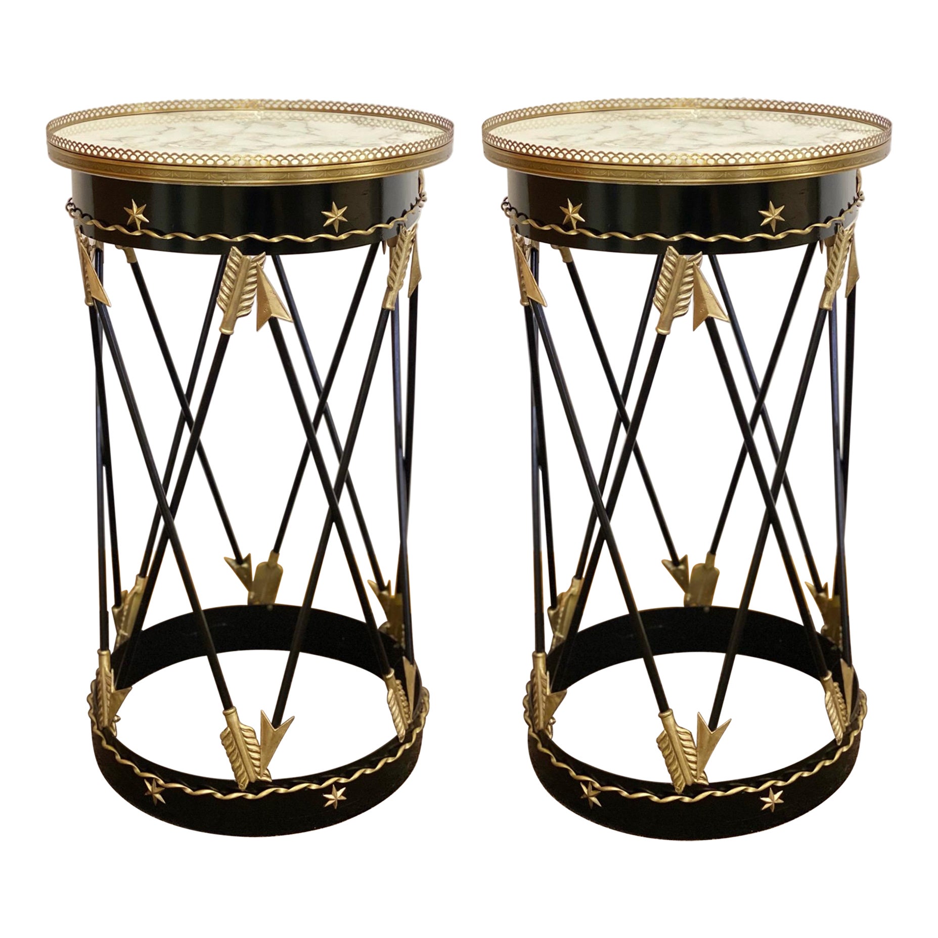 1900s Neoclassical Style Iron Bronze and Marble Arrow Motif Side Tables, a Pair