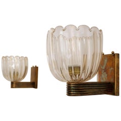 Retro Italian Art Deco Style Brass and Murano Glass Wall Lights or Sconces, 1970s
