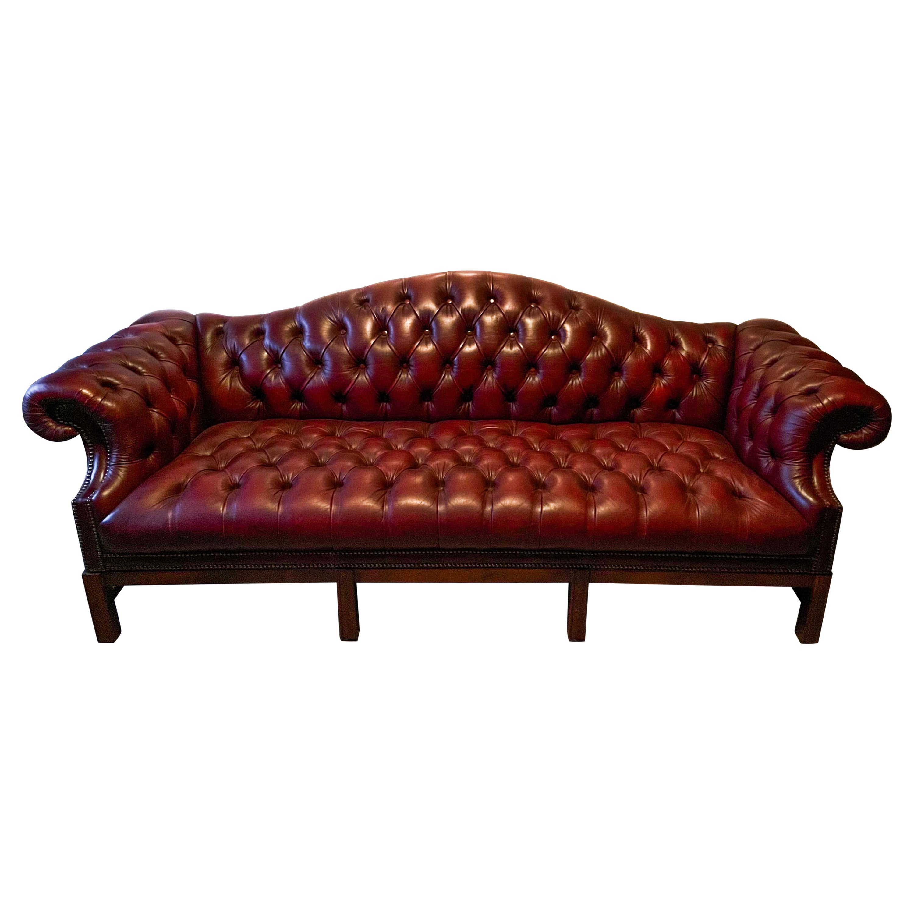 1950s English Burgundy Tufted Leather Chesterfield Camelback Sofa