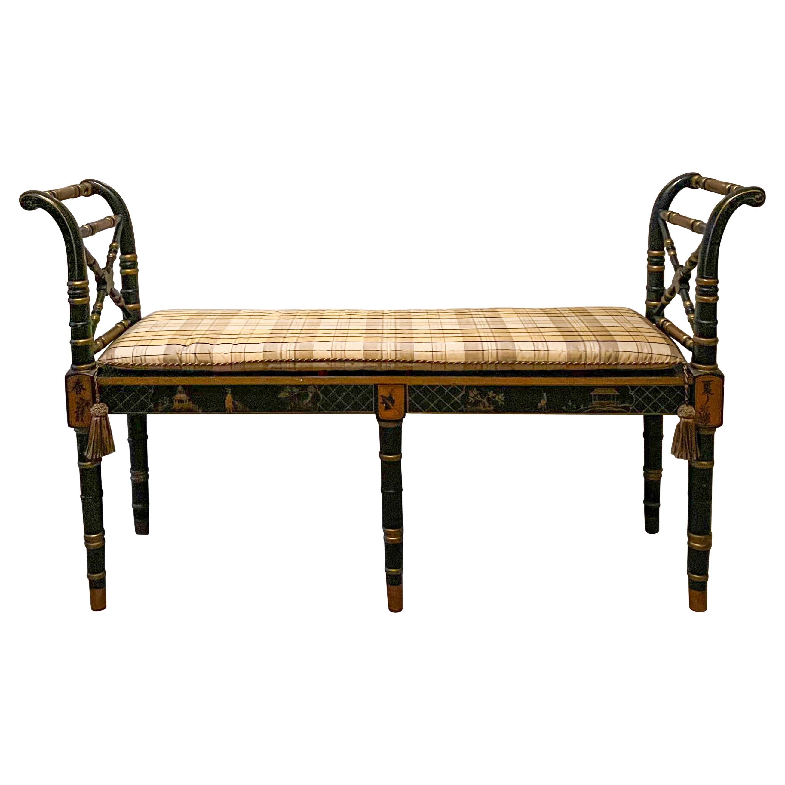 20th Century Regency Style Chinoiserie Painted Black and Gilt Lacquer Bench 