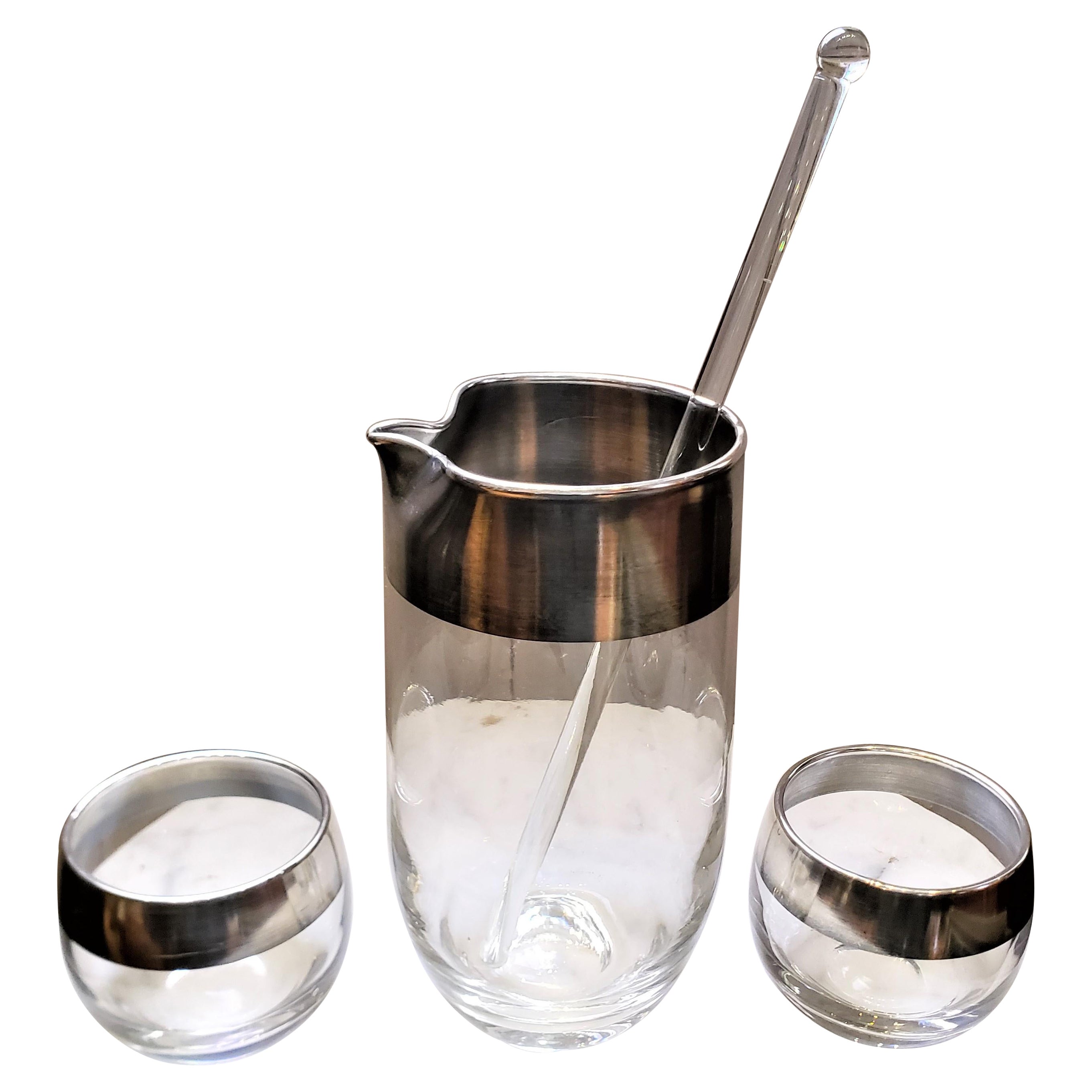 Dorothy Thorpe Mid-Century Modern Silver Overlay Glass Cocktail Pitcher Set