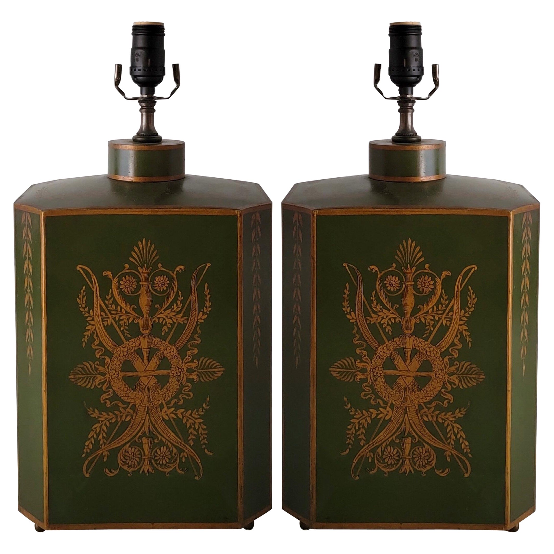 Early 20th-C. Signed French Neo-Classical Style Toleware Canister Lamps, Pair