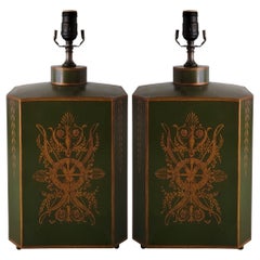 Early 20th-C. Signed French Neo-Classical Style Toleware Canister Lamps, Pair