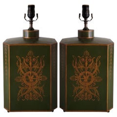 Early 20th-C. Signed French Neo-Classical Style Toleware Canister Lamps, Pair