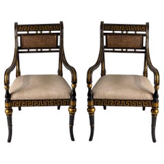 20th-C. Neo-Classical Style Black Lacquer and Gilt Arm Chairs, Pair