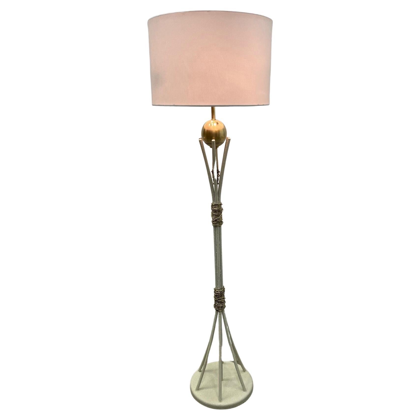 Stylish Mid Century Painted Cream Modern Floor Lamp with Brass Wire Decoration For Sale