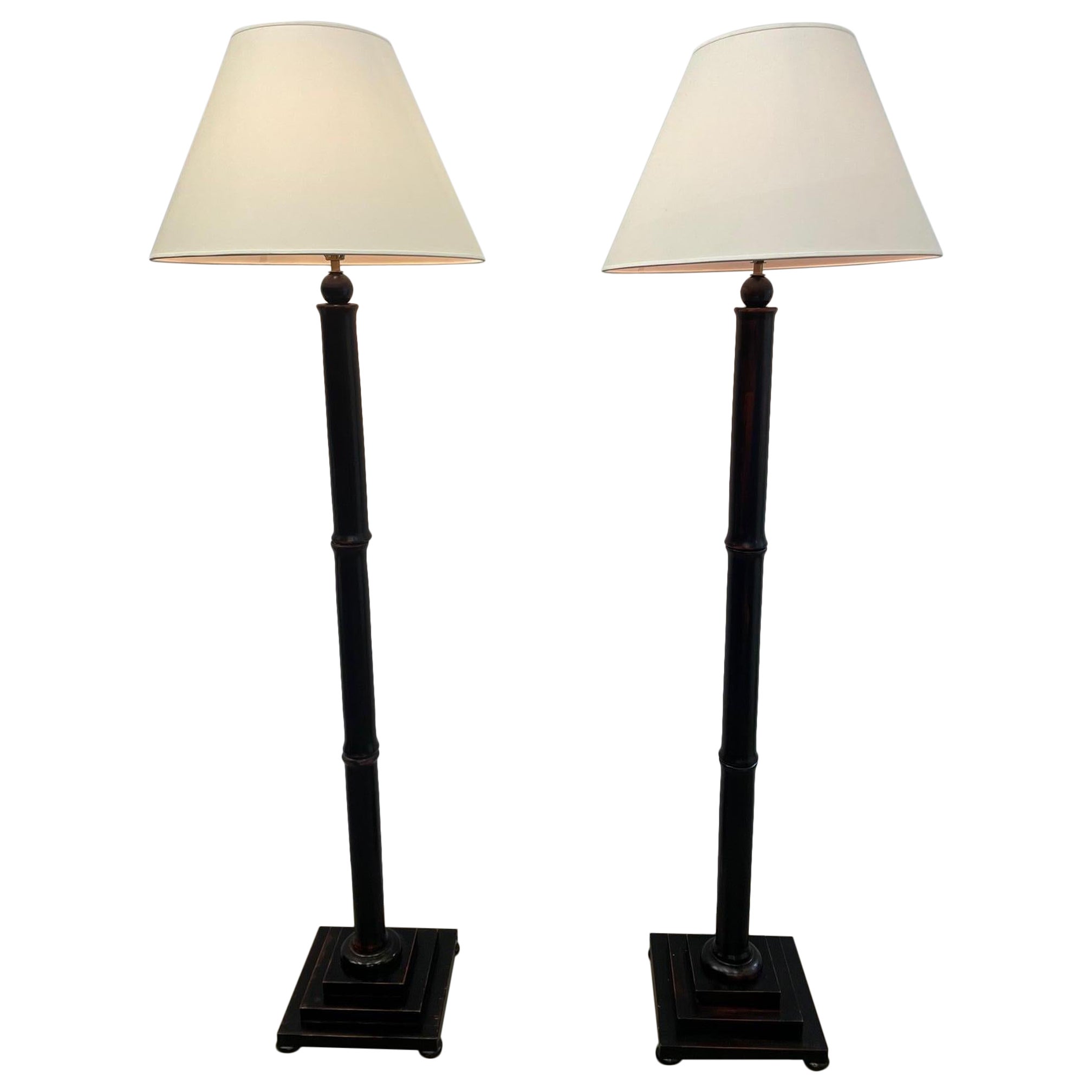 Stunning Pair of Faux Bamboo Wooden Floor Lamps with Black Finish For Sale