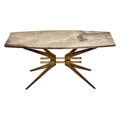 Mid-Century Modern Italian Beige Alabaster W/ Gold Metal Basement Coffee Table