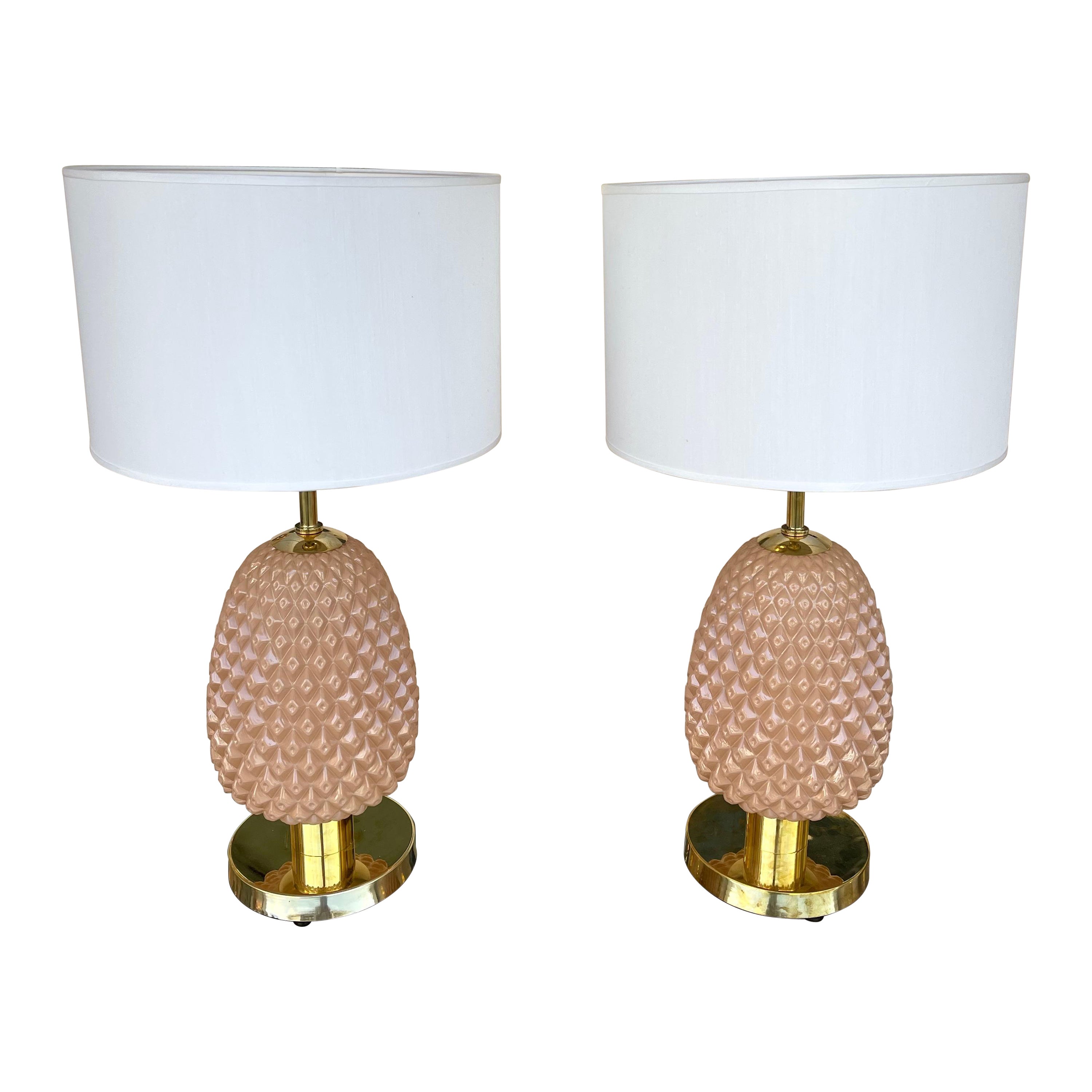 Contemporary Pair of Pink Pineapple Murano Glass and Brass Lamps, Italy