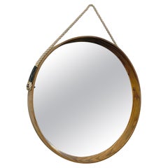 Italian Mid-Century Modern Solid Oak, Brass and Rope Round Mirror, 1960s