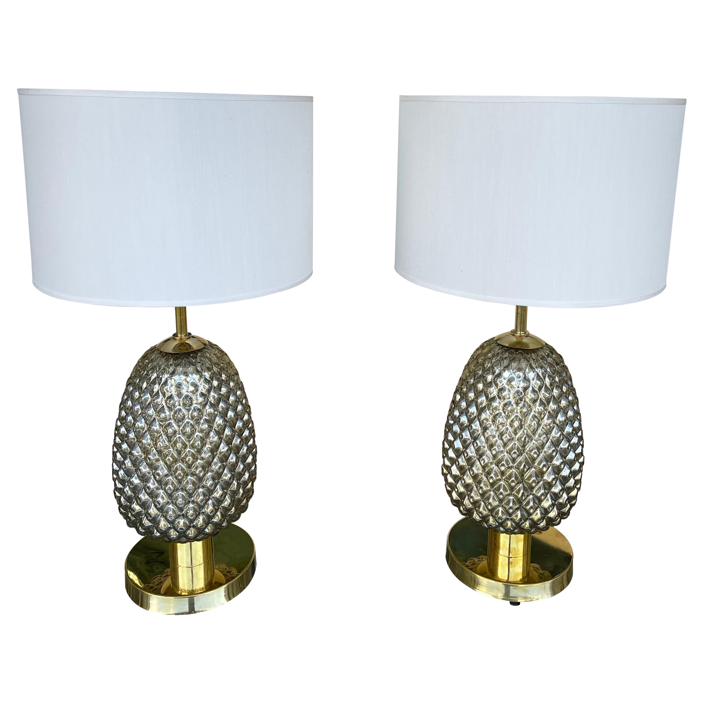 Contemporary Pair of Silver Gold Pineapple Murano Glass and Brass Lamps, Italy