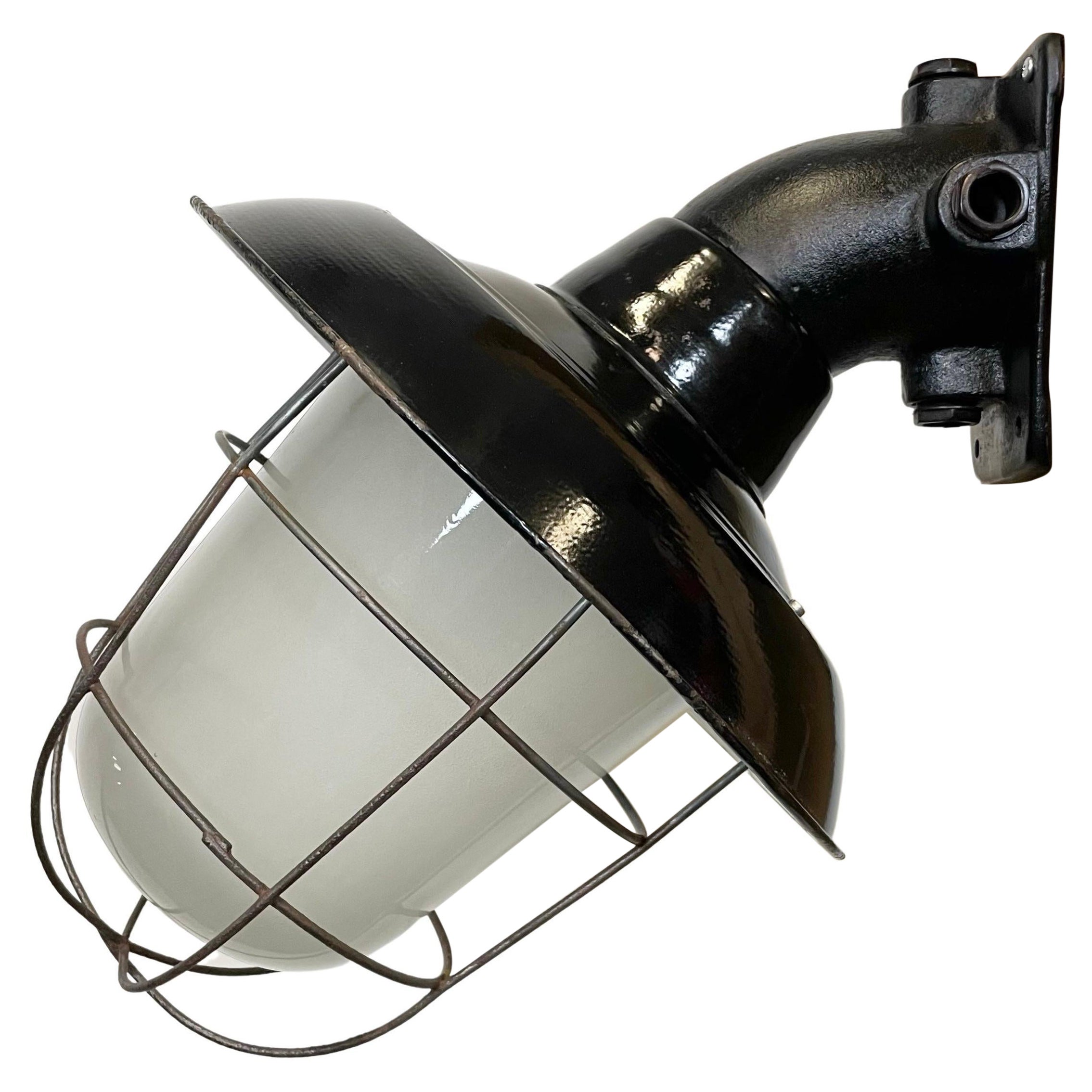Industrial Black Enamel and Cast Iron Wall Lamp with Iron Grid, 1960s