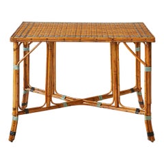 Vintage Rattan Table with Blue Woven Details, France, 1940's