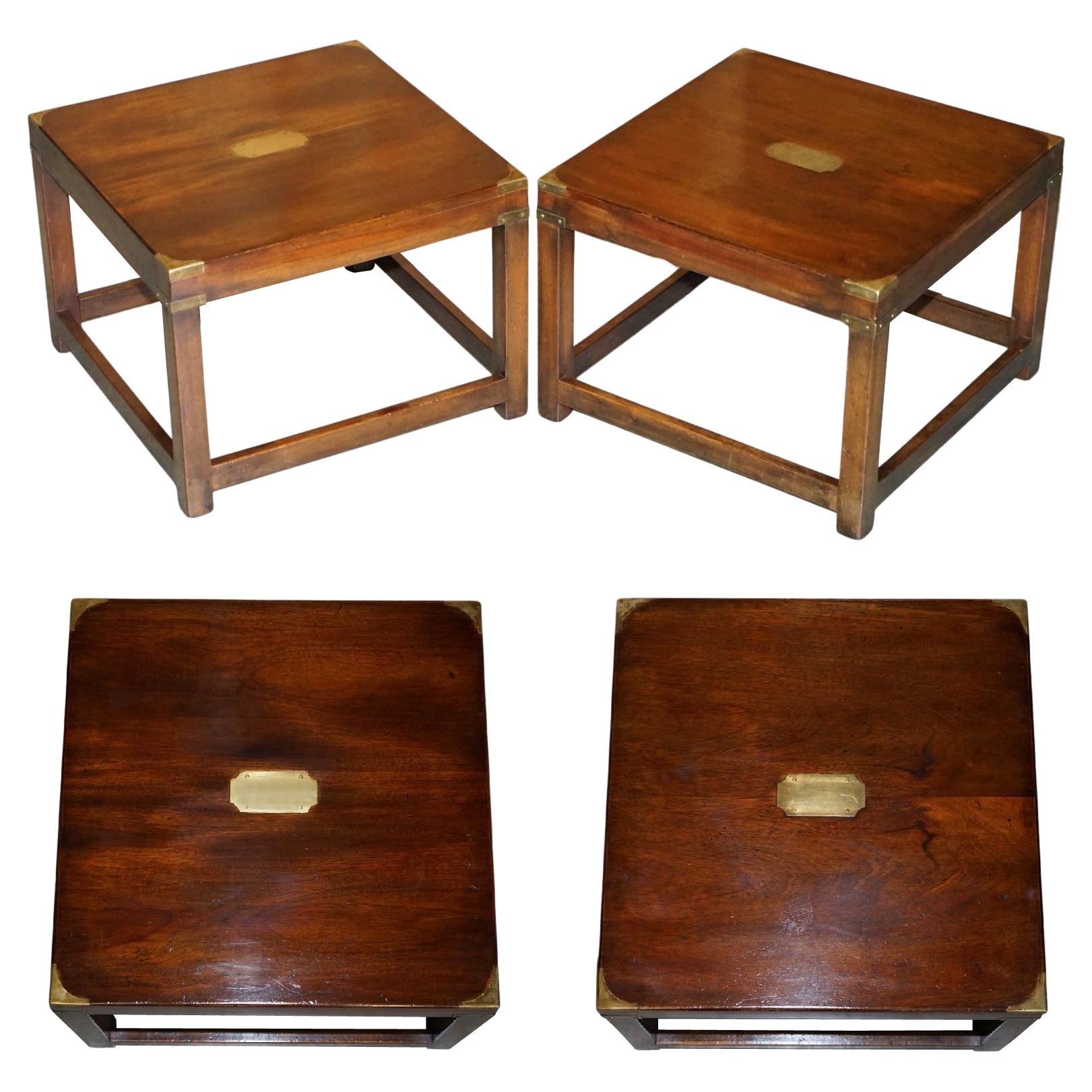 Pair of Harrods Kennedy Hardwood Military Campaign Side Tables Brass Fittings