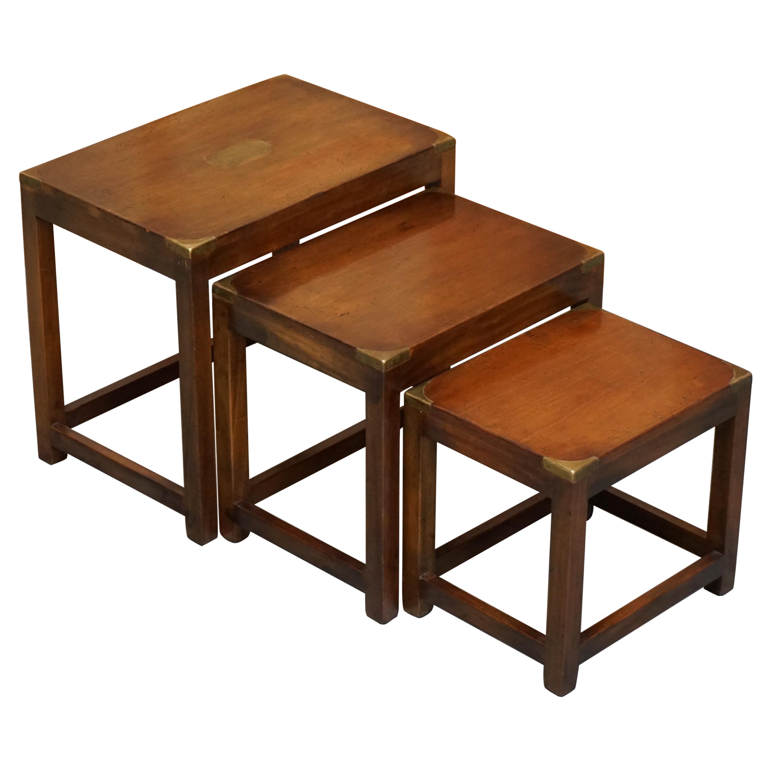 Rare Harrods London Kennedy Hardwood Military Campaign Nest of Side End Tables