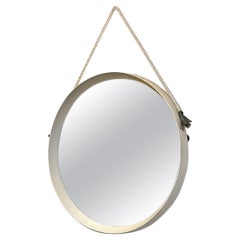 Italian Mid-Century Modern White Teak Rope and Leather Round Frame Mirror, 1960s