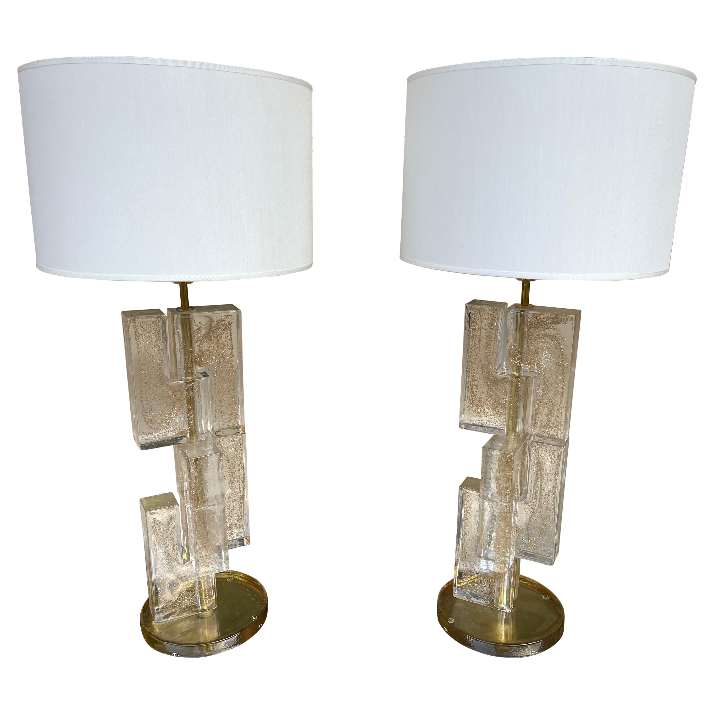 Contemporary Pair of Lamps Gold Leaf Cubic Murano Glass and Brass, Italy