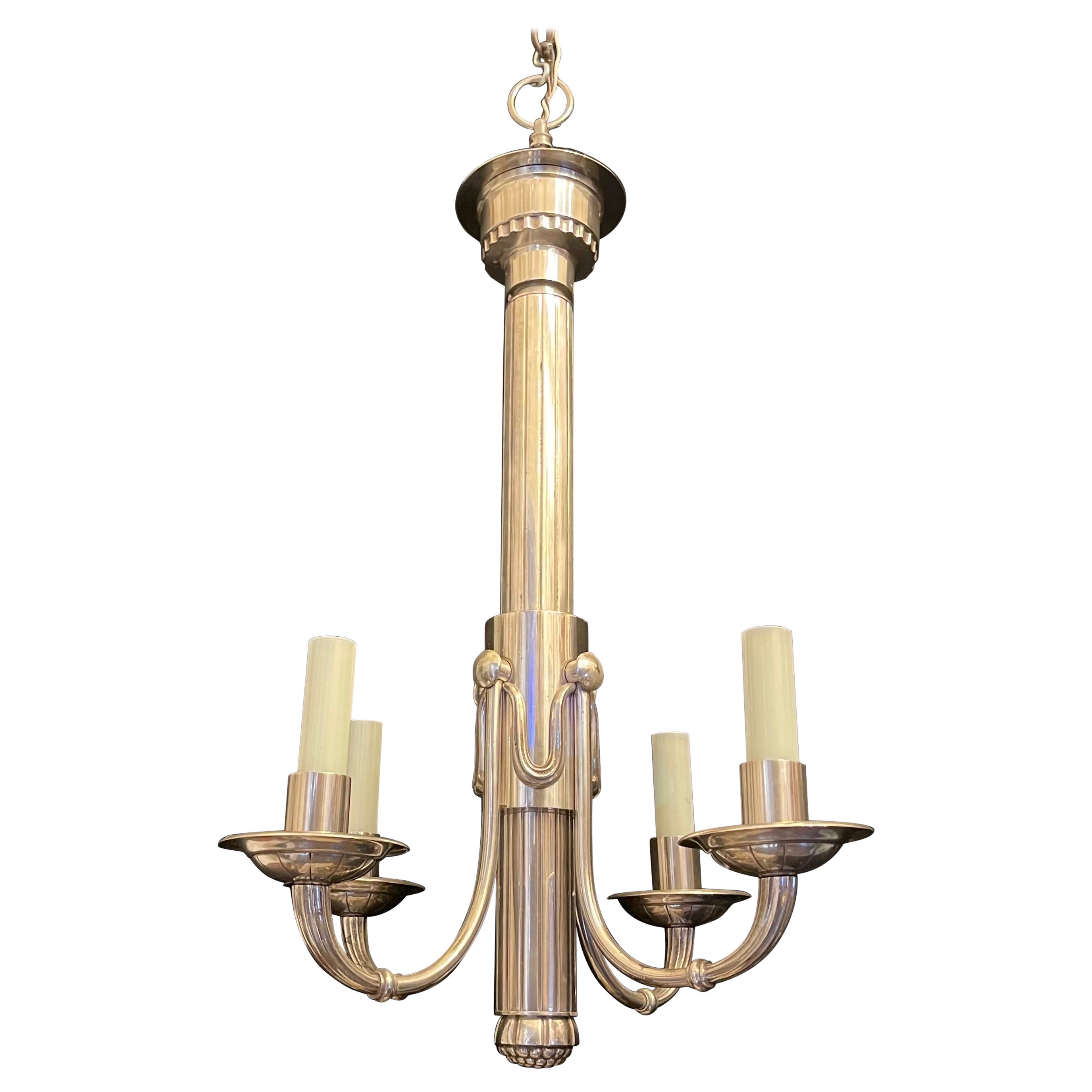 Handsome Polished Nickel Art Deco Reeded Swag Ralph Lauren Chandelier Fixture