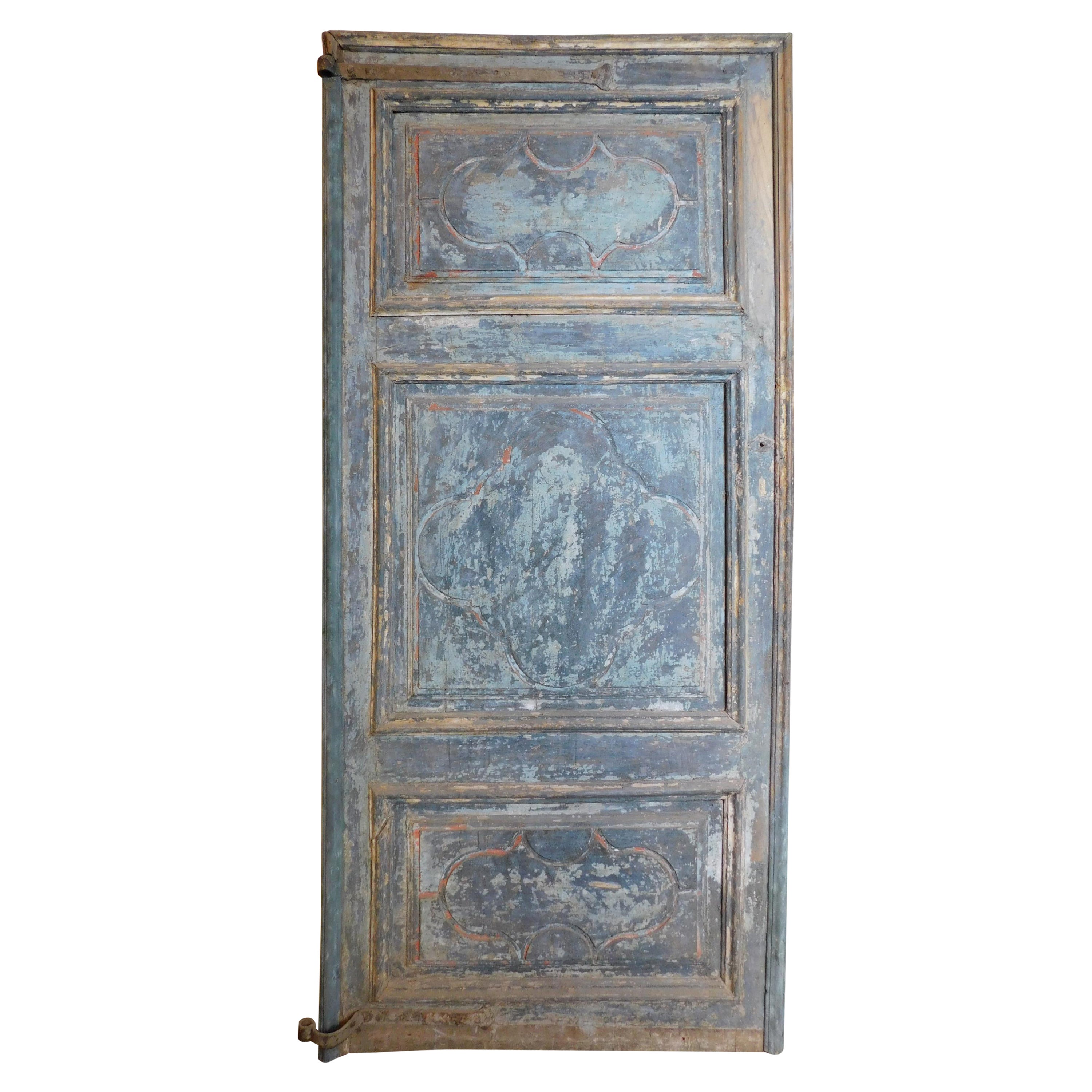 Antique Blue Lacquered Door with Three Carved Panels, 18th Century, Italy