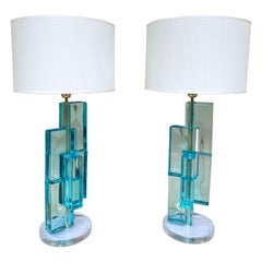 Contemporary Pair of Lamps Blue Lagoon Cubic Murano Glass and Brass, Italy