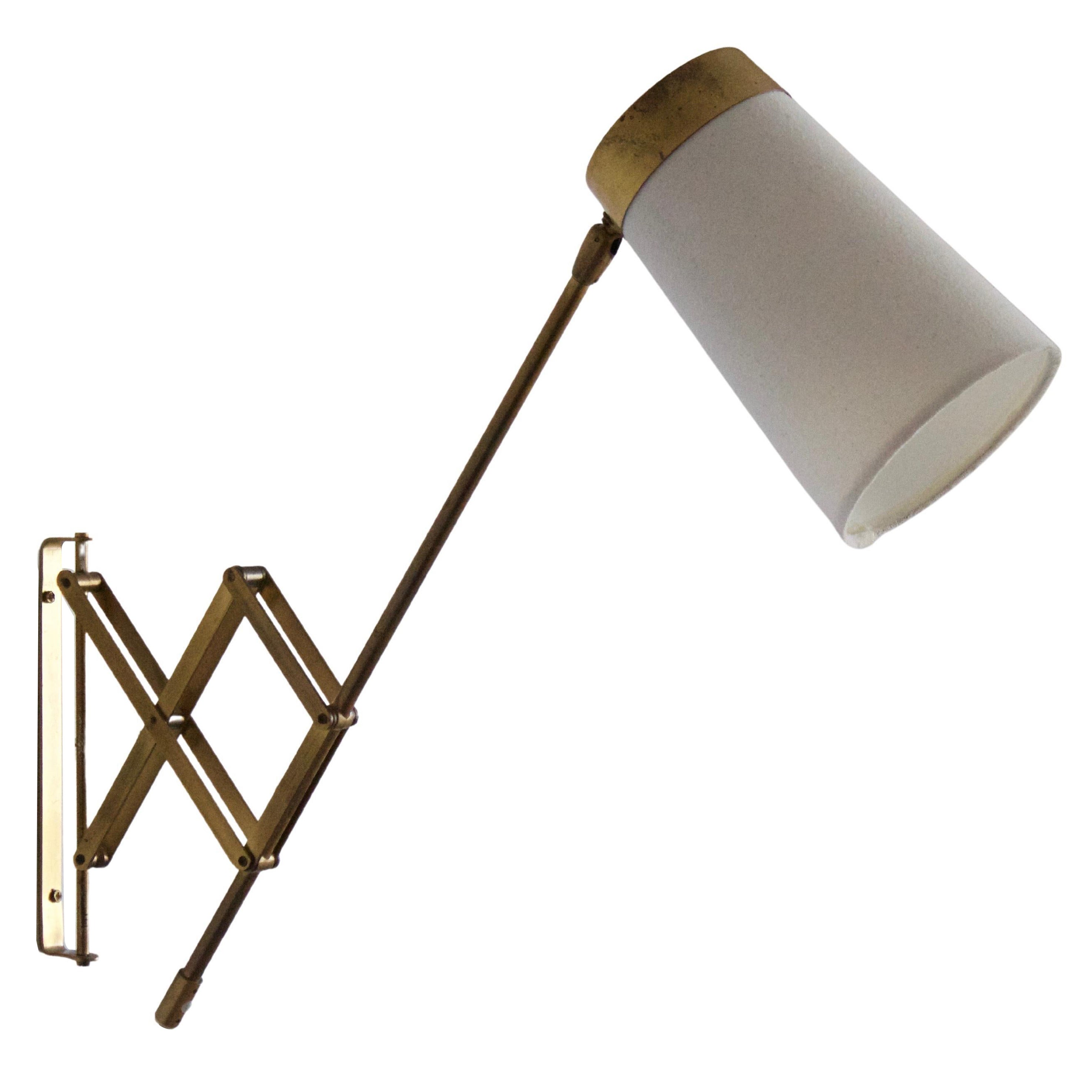 Th. Valentiner, Wall Light, Brass, White Fabric, Poul Dinesesen, Denmark, 1950s For Sale