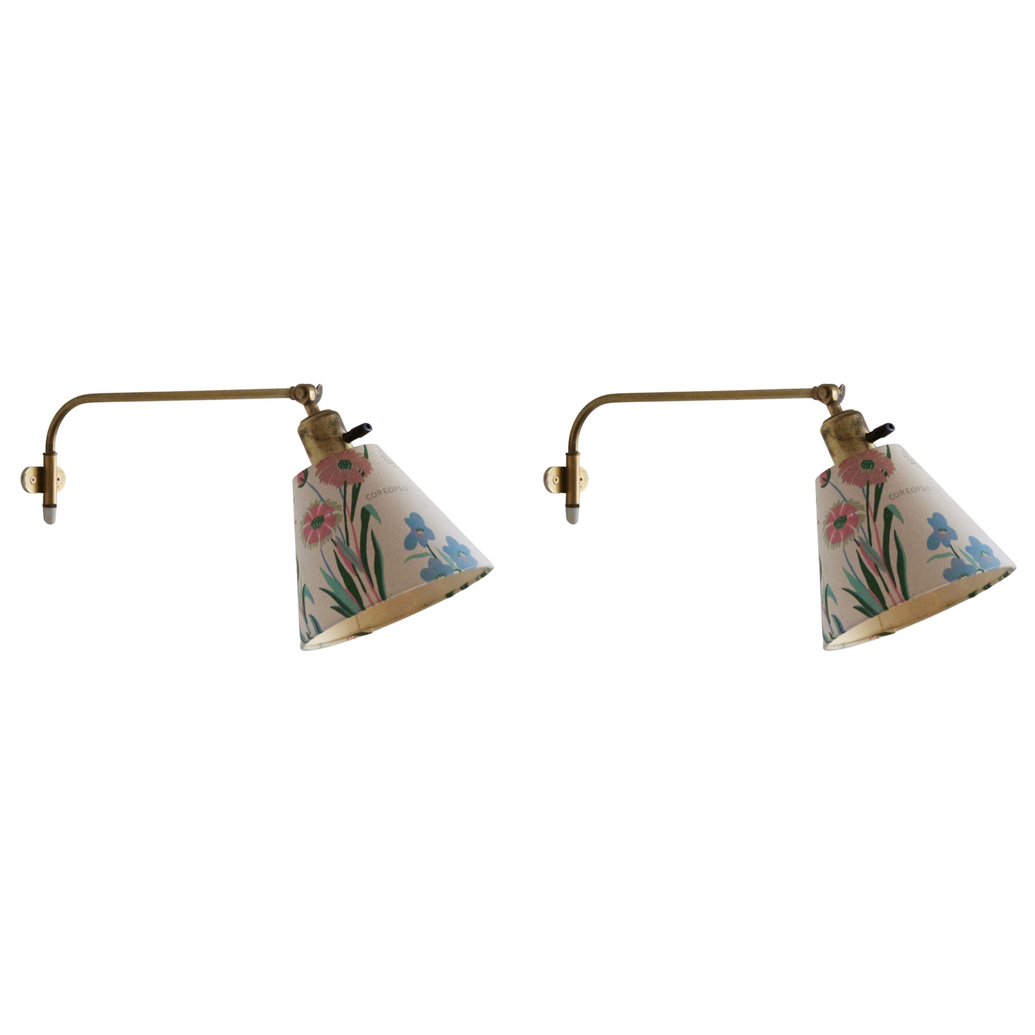 Josef Frank, Adjustable Wall Lights, Brass, Fabric, Svenskt Tenn, Sweden, 1950s