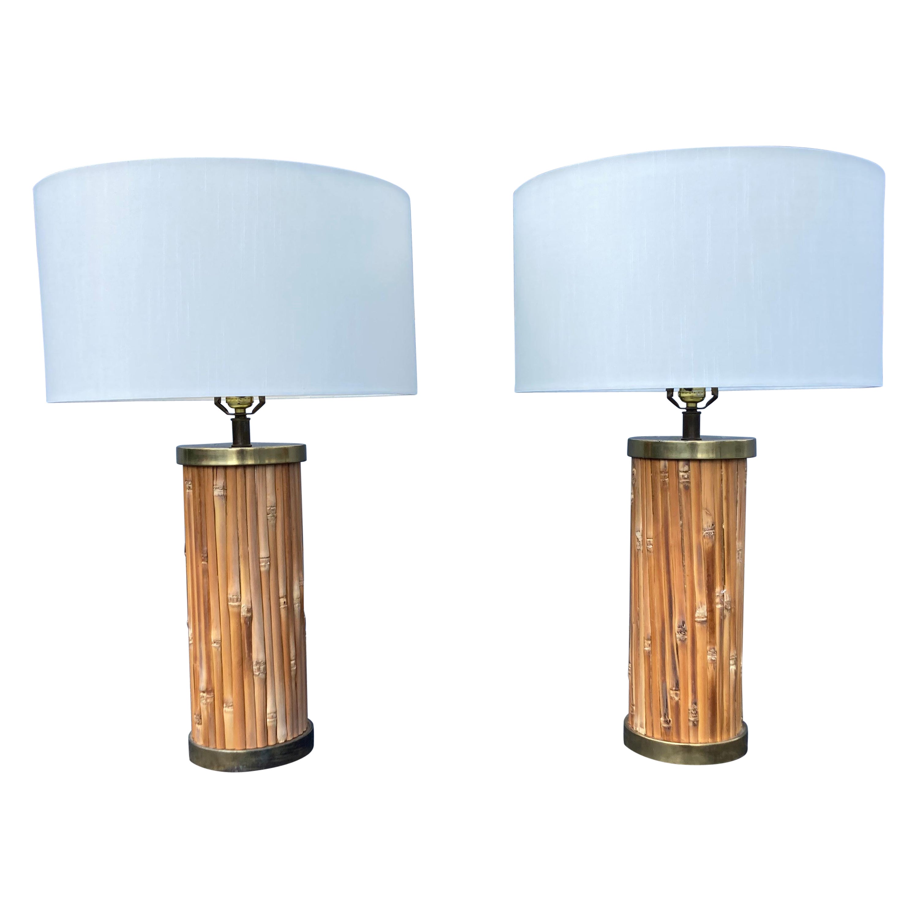 Mid-Century Modern Table Lamps, Brass and Bamboo 
