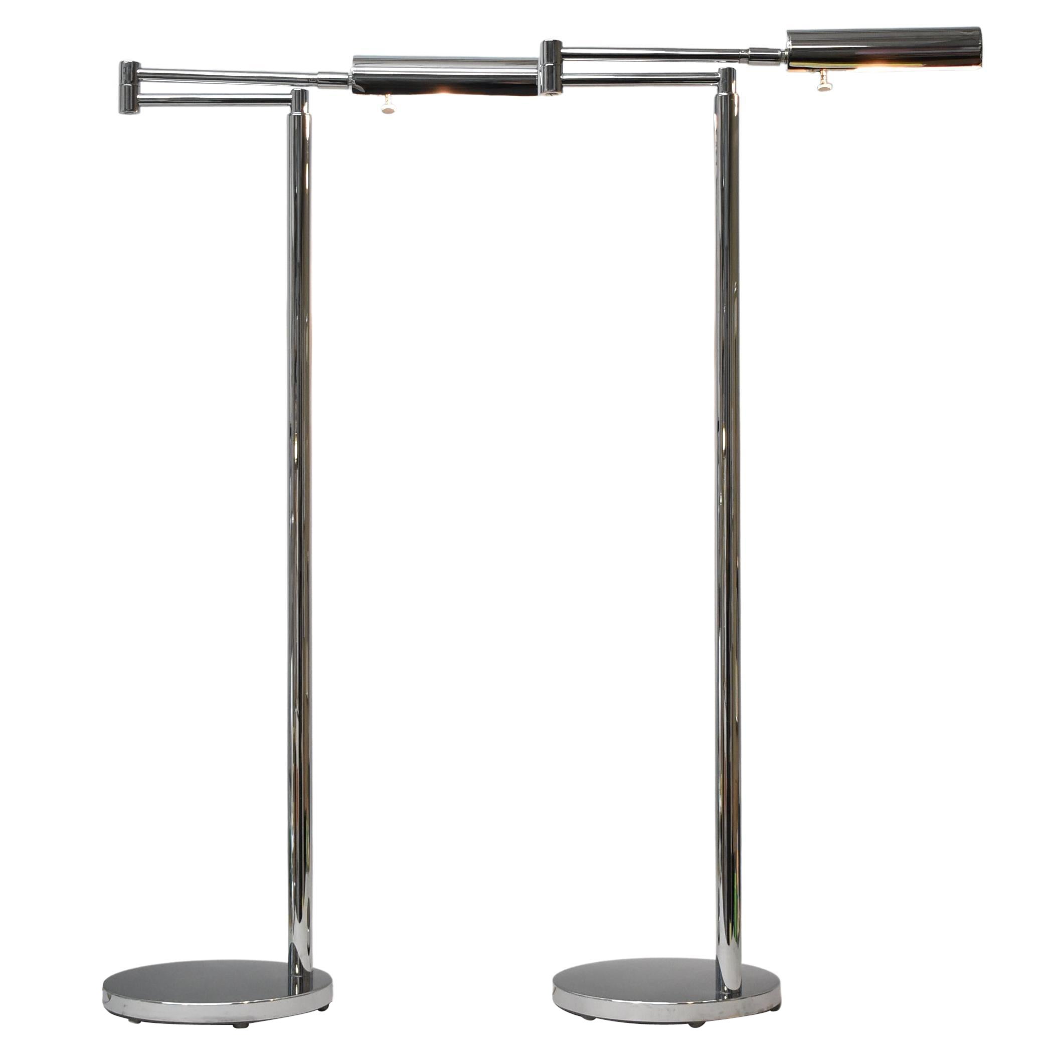Pair Modern Nessen Retractable Chrome Cylinder Floor Lamps Koch & Lowy For Sale