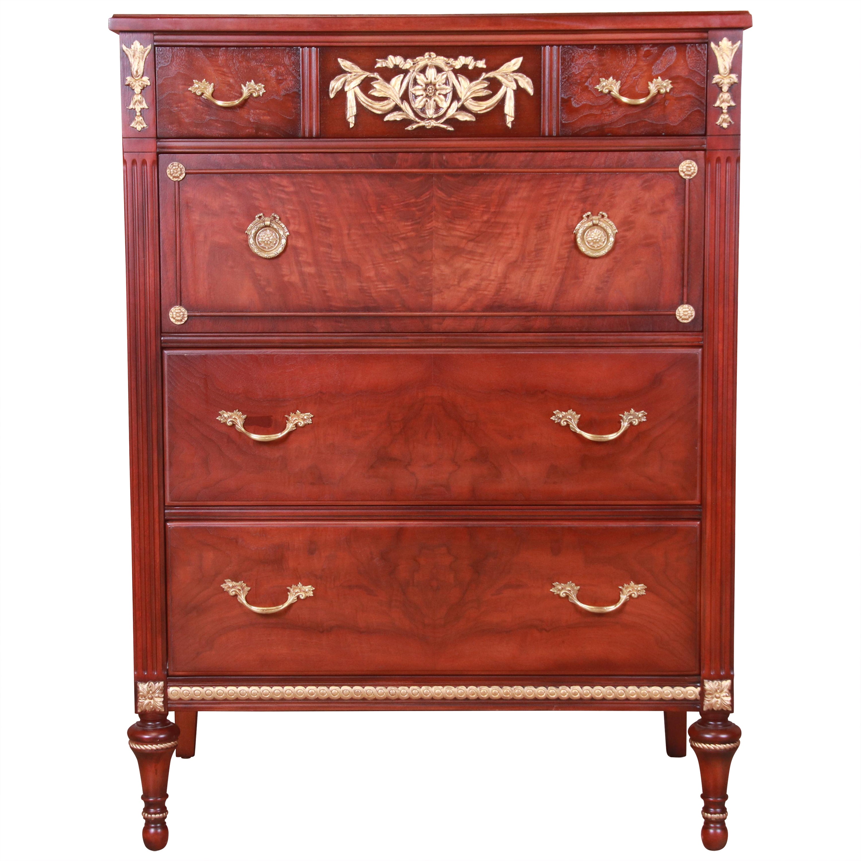 Kindel Furniture French Regency Louis XVI Walnut and Gold Gilt Highboy Dresser