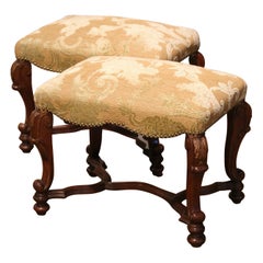 Antique Pair of 19th Century French Louis XIV Carved Oak Stools with Velvet Upholstery