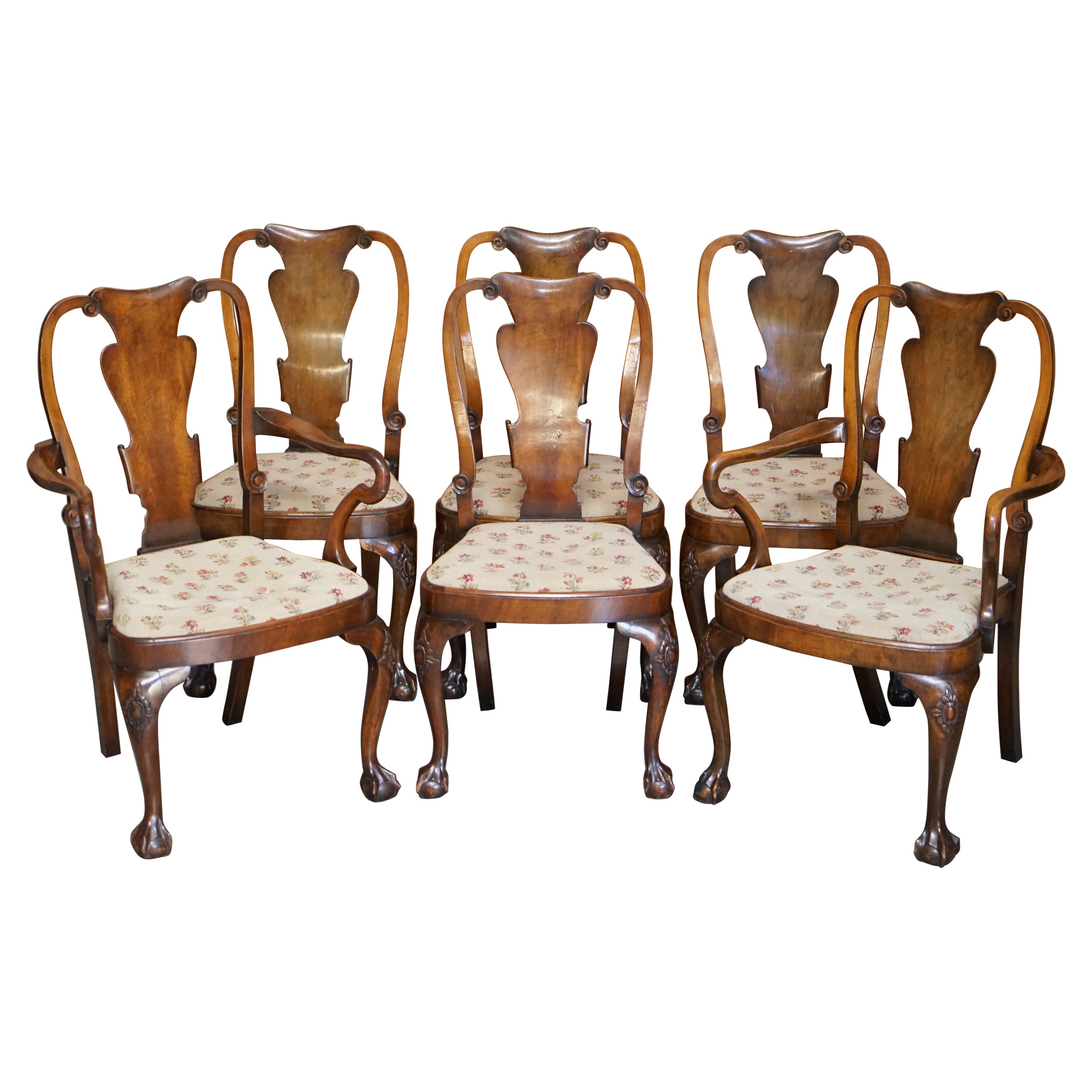 Sechs viktorianische Esszimmerstühle mit Hirten aus Nussbaumholz mit Klauen- und Kugelfüßen, 1880