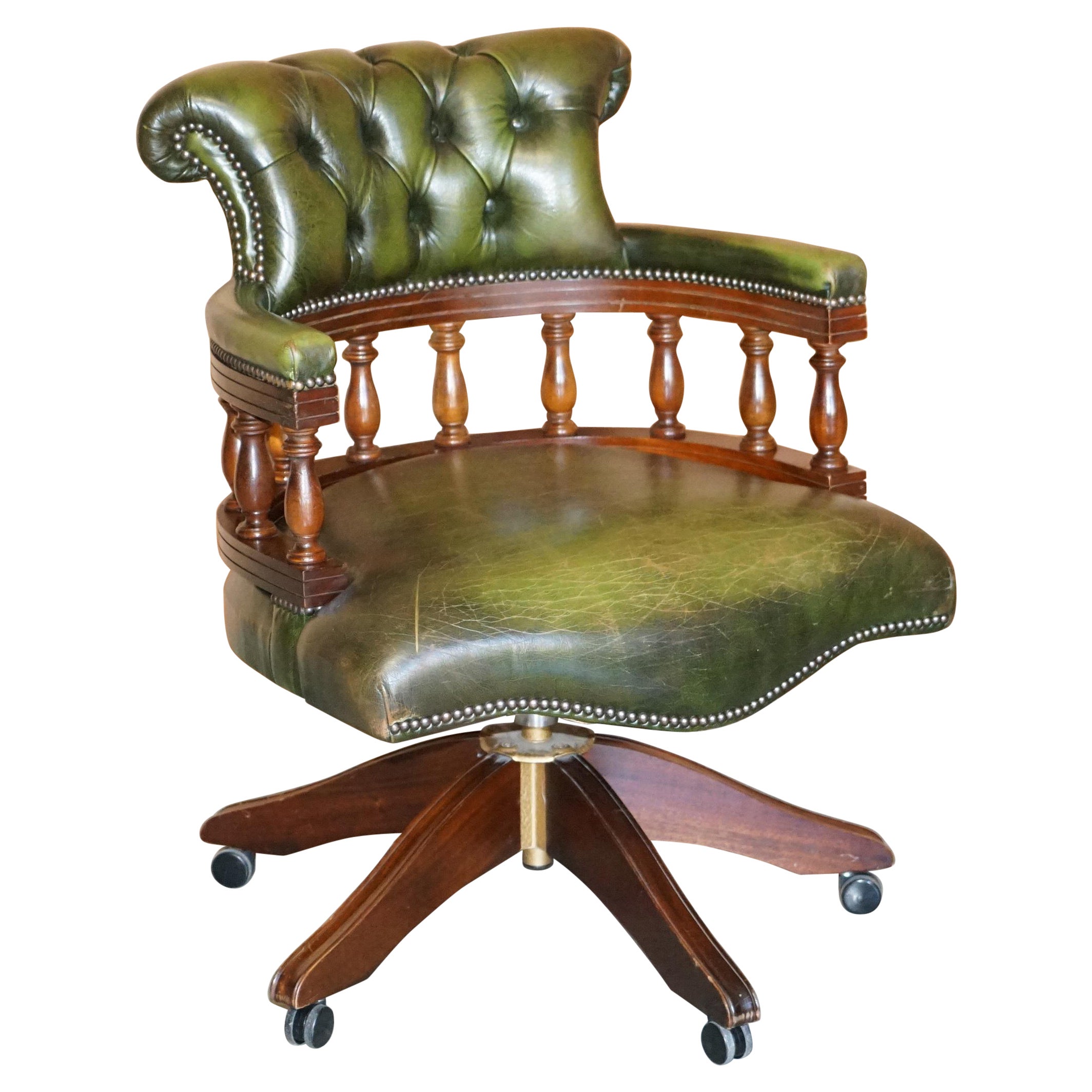 Vintage Chesterfield Fully Buttoned Green Leather Captains Directors Chair