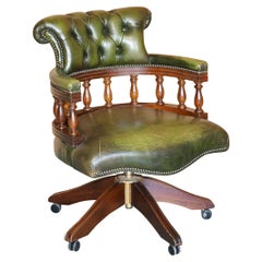 Vintage Chesterfield Fully Buttoned Green Leather Captains Directors Chair