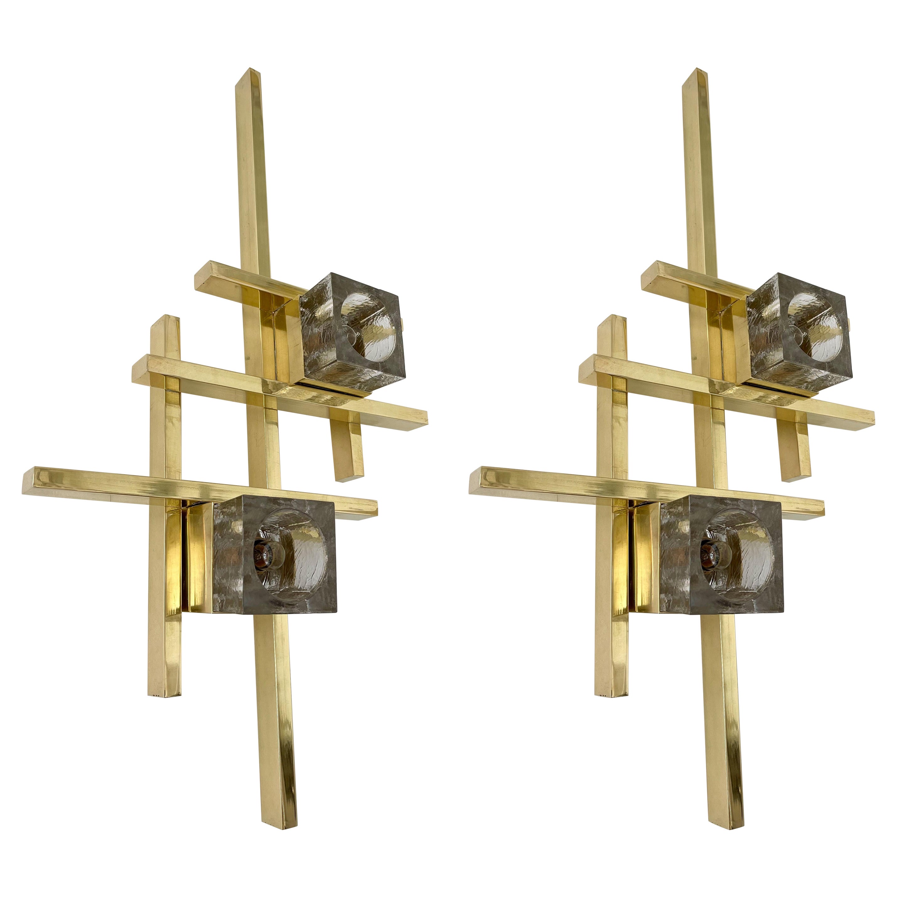 Contemporary Brass Murano Glass Cubic Sconces, Italy For Sale