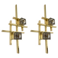 Contemporary Brass Murano Glass Cubic Sconces, Italy