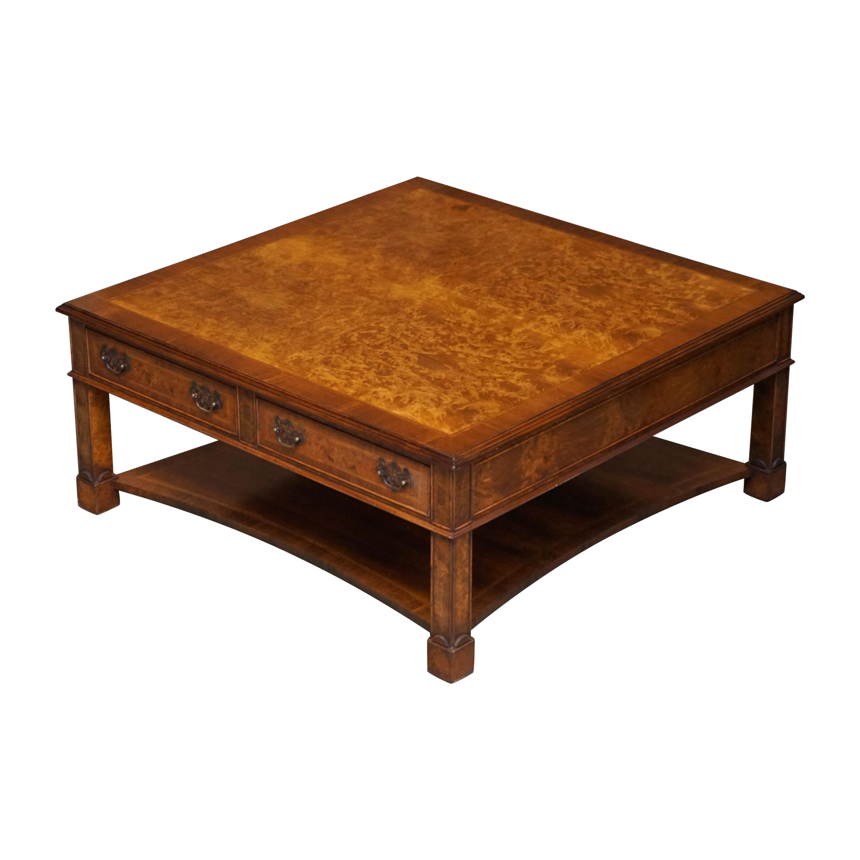 Brights of Nettlebed Burr Walnut Restored Large 4 Drawer Coffee Table