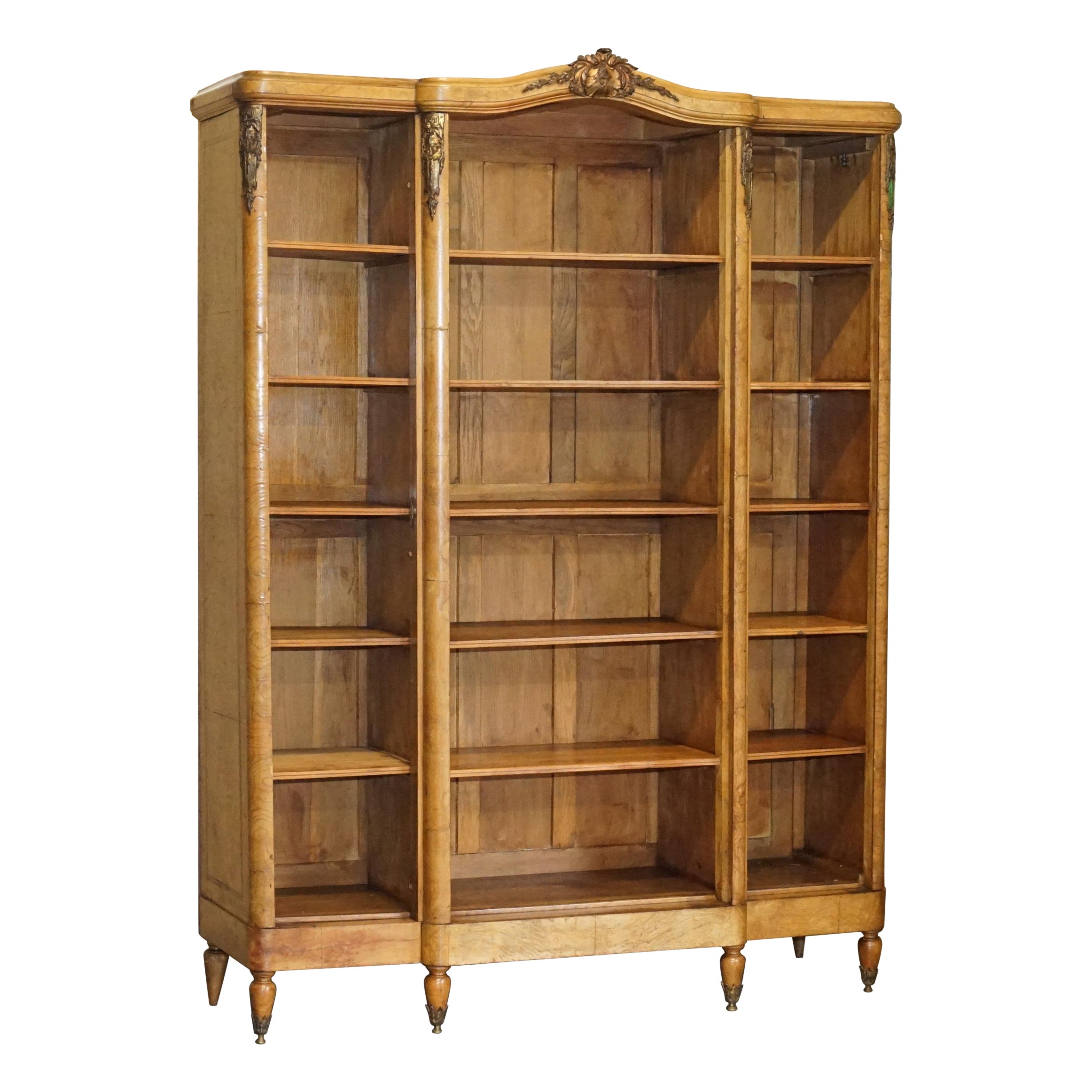 Lovely Antique circa 1880 French Burr Walnut Gilt Bronze Mounted Open Bookcase