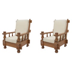 Large Oak French Pair of Lounge Chairs, White Cushions, 1970's