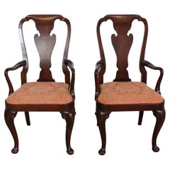 Pair of Queen Anne Solid Mahogany Dining Arm Chairs by Baker