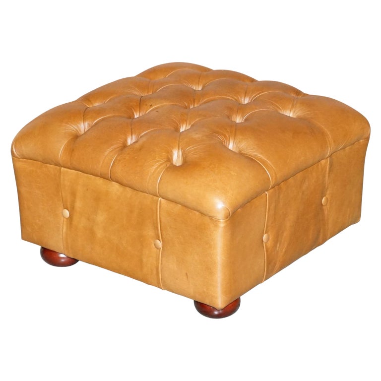 Chesterfield Brown Leather Tufted Square Footstool Vintage Biker Tan Leather For Sale