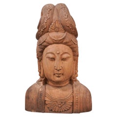 Vintage Chinese Carved Wood Bust of Guan Yin the Bodhisattva of Compassion, 20th C.