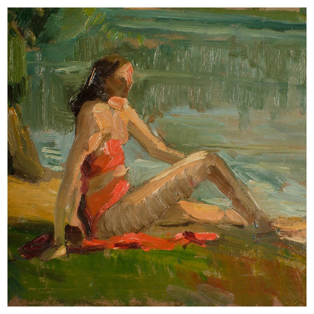 Jean Chaleye 'French', "Red Bikini"Painting