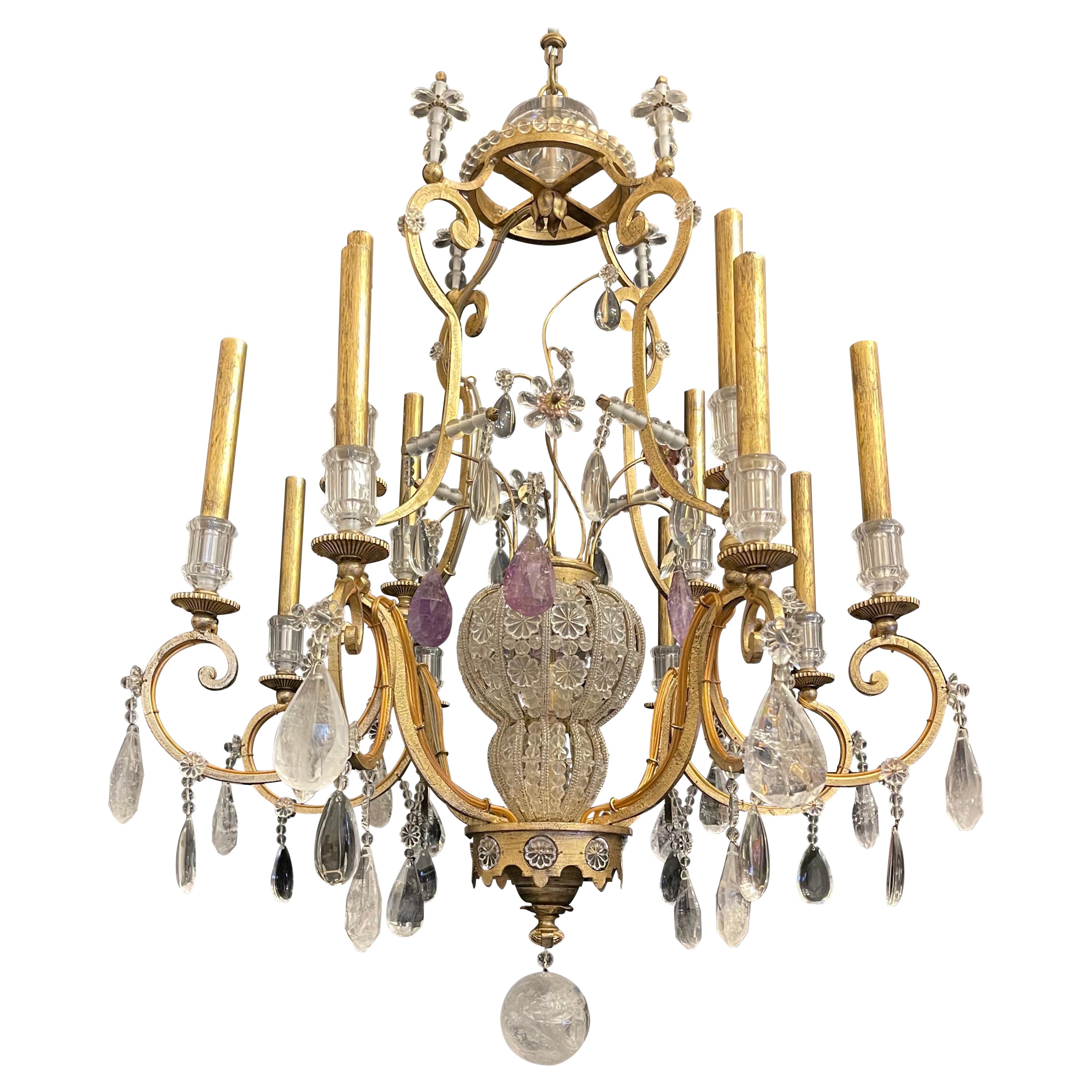 Merveilleux lustre panier en cristal de roche de la Maison Baguès Louis XV en vente