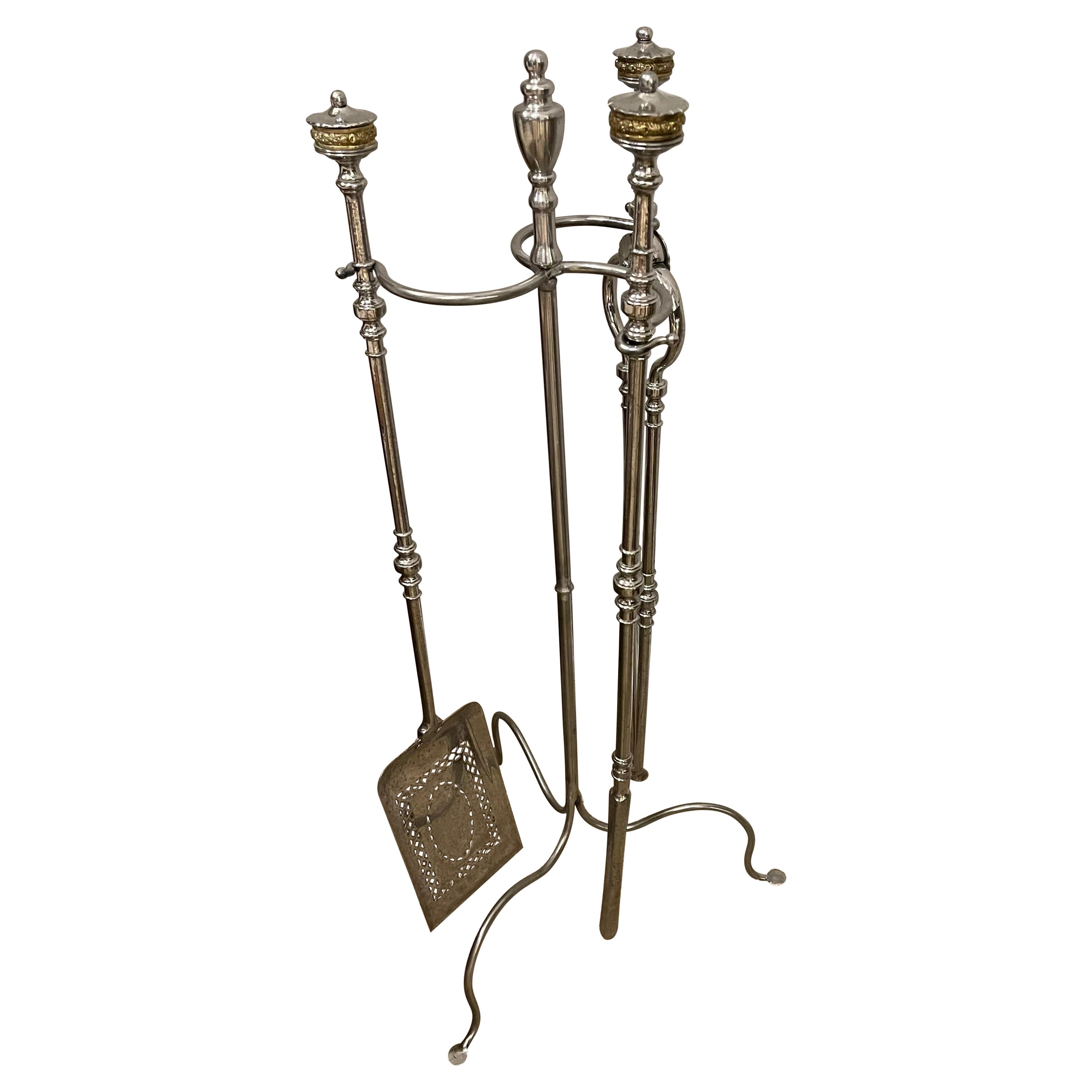 18th Century Polished Steel Fireplace Tools on Stand