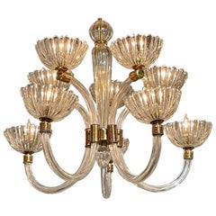 Vintage Murano Glass and Brass 2 Tier Chandelier by Barovier
