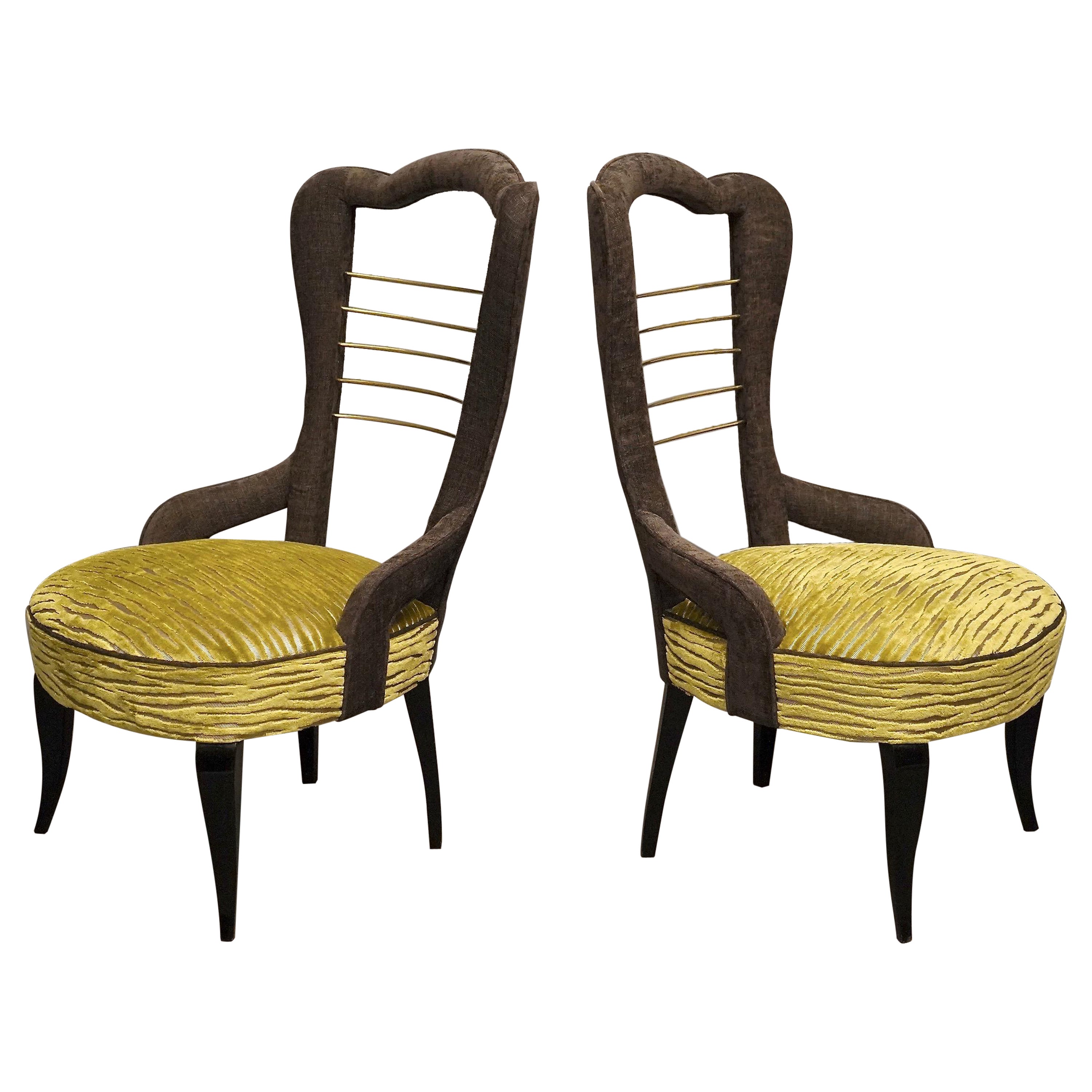 Pair of Midcentury Green Velvet and Brass Italian Chairs, 1950 For Sale
