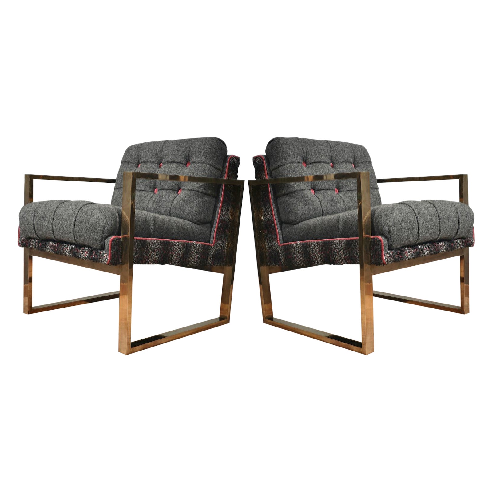 Pair of Midcentury Brass and Fabric Italian Armchairs, 1950 For Sale
