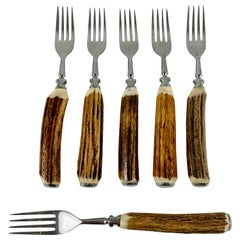 English Sheffield Ashberry Stag Horn & Stainless Steel Forks, Boxed Set of Six