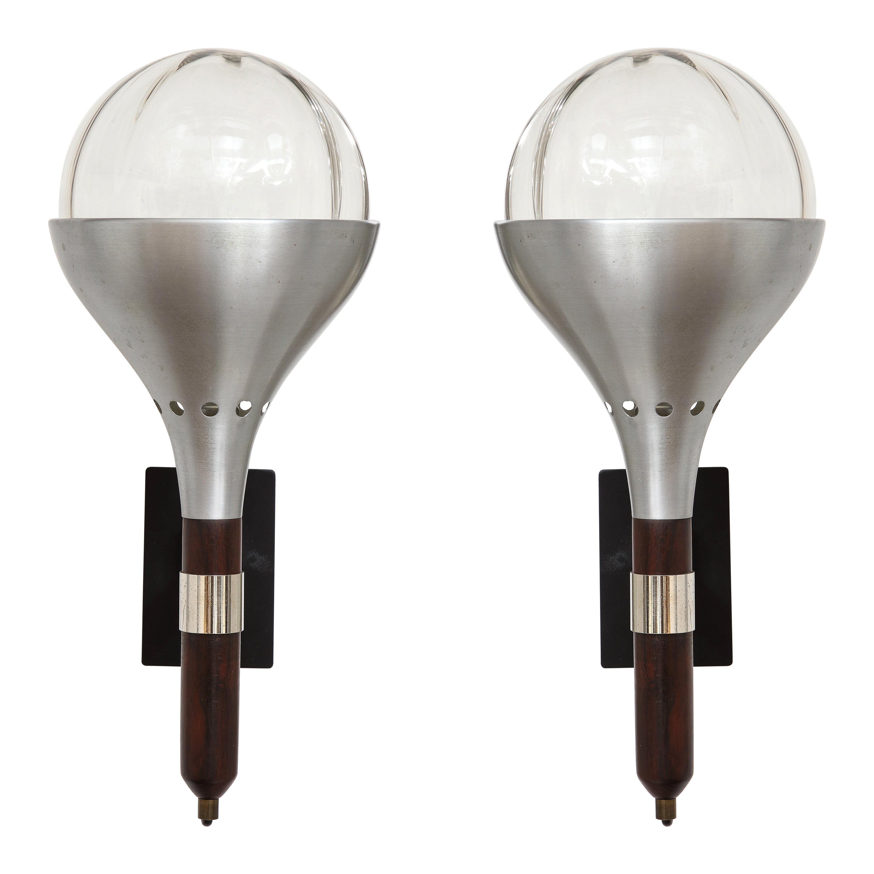 Pair of Italian 1940's Walnut and Nickel Plated Wall Sconces For Sale