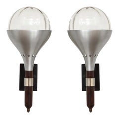 Pair of Italian 1940's Walnut and Nickel Plated Wall Sconces